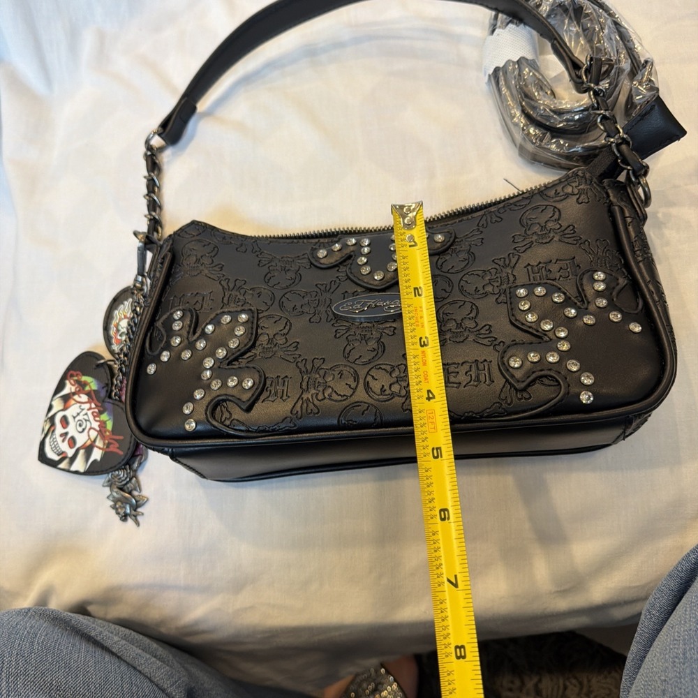 Ed Hardy Black Rhinestone Mini Purse Crossbody Shoulder Bag with Charms - Picture 16 of 16
